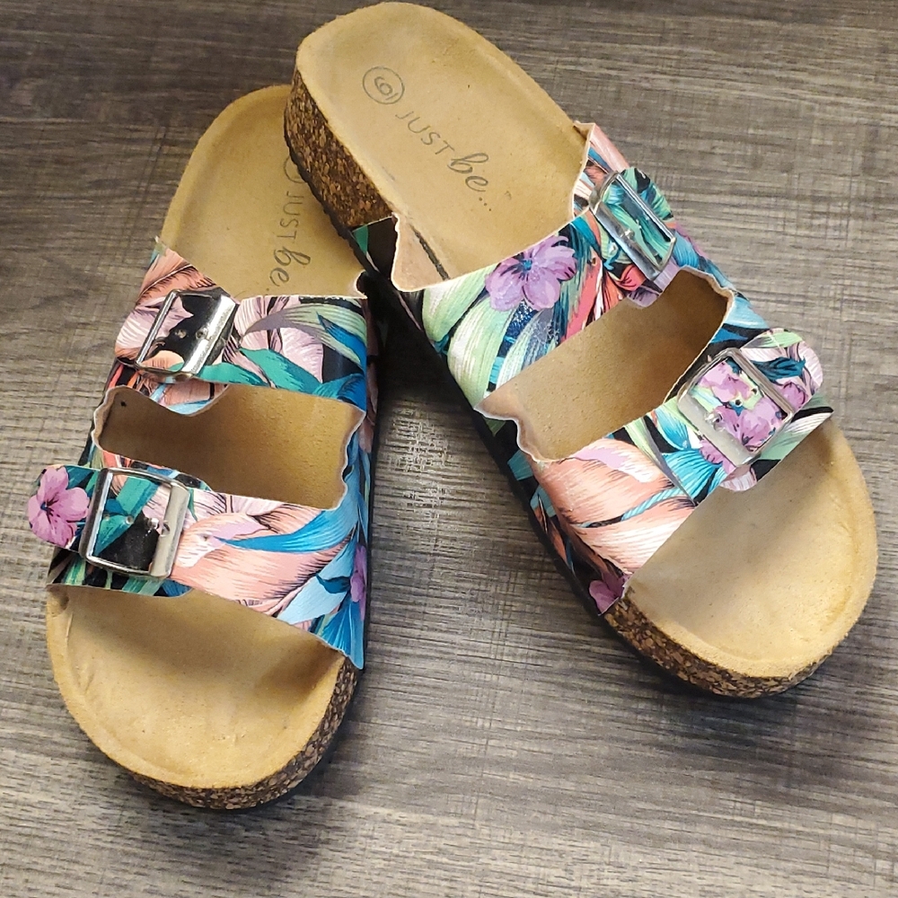 Just Be Floral Print Cork Footbed Slide Sandals - Multicolor
